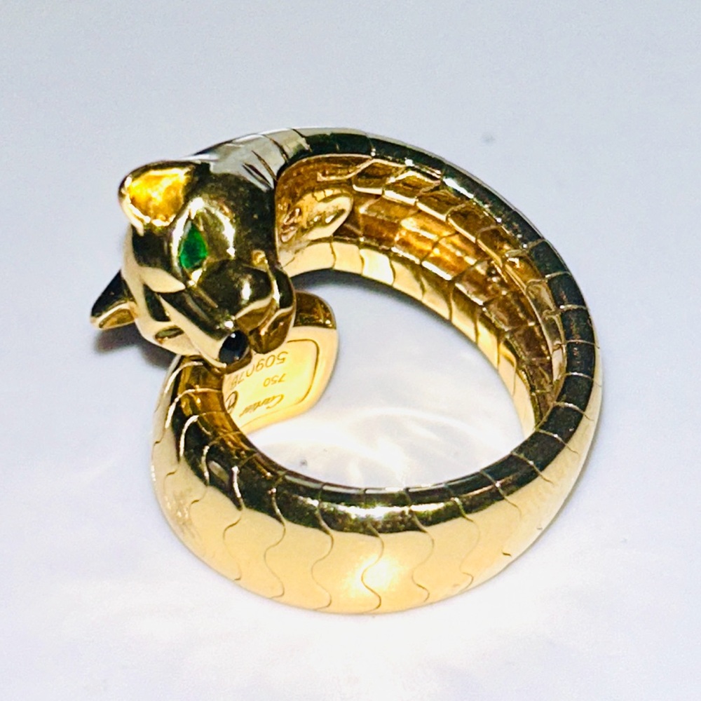 💫Cartier💫 Panther💫Tubugas Ring 18k Yellow Gold/Emerald Eyes/Black Onyx Nose